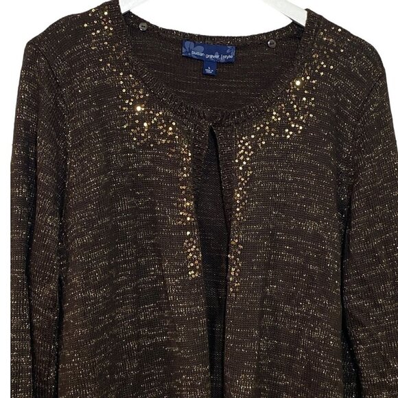 Susan Graver Cardigan Large Womens Sweater Brown Gold Metallic Knit Sequins - Picture 2 of 9